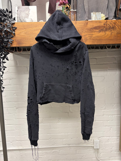 Amiri ‘Gunshot’ Cropped Cashmere Thrash Distressed Black Hoodie