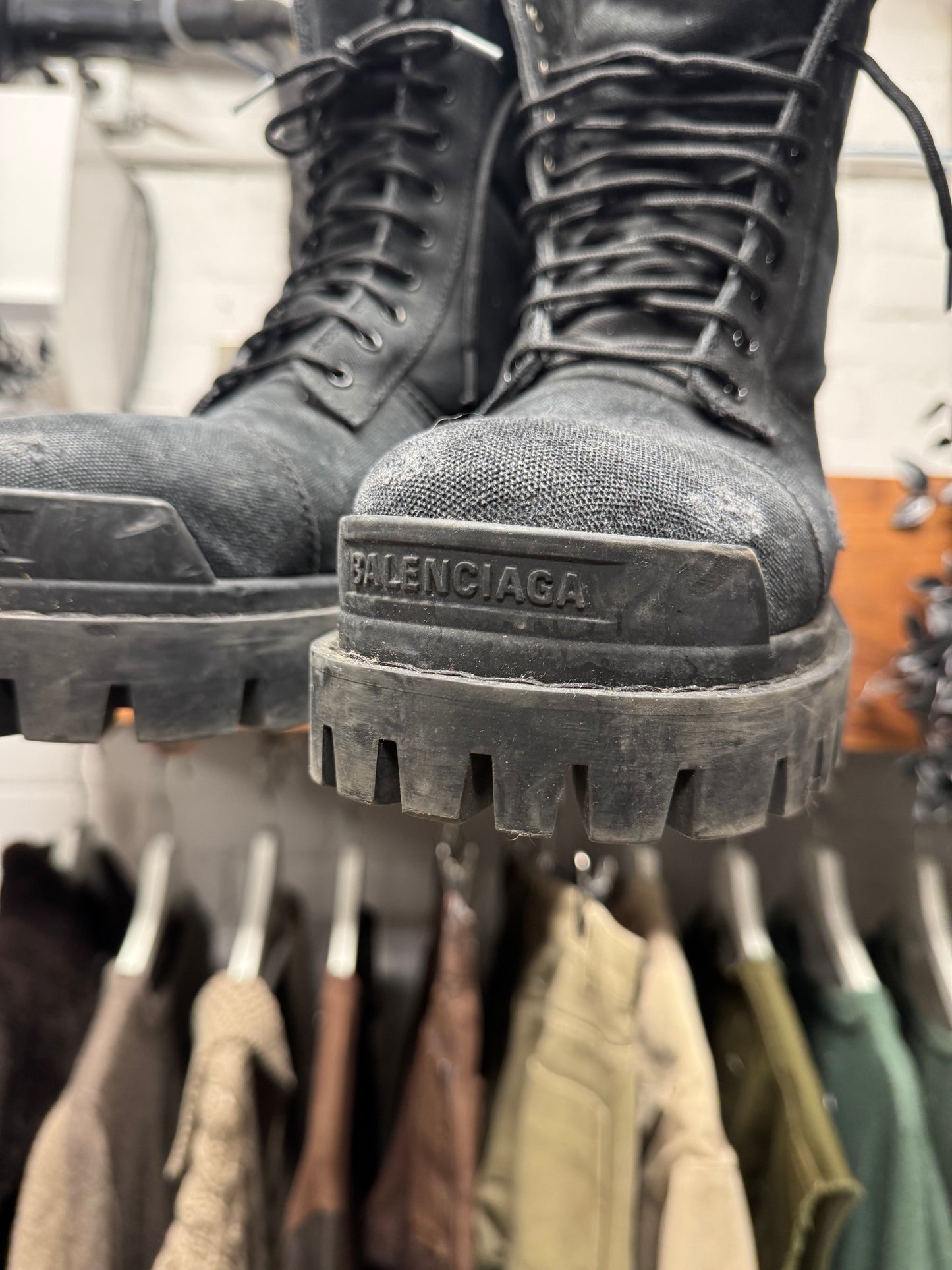 Balenciaga ‘Strike’ Distressed Canvas Black Combat Boots