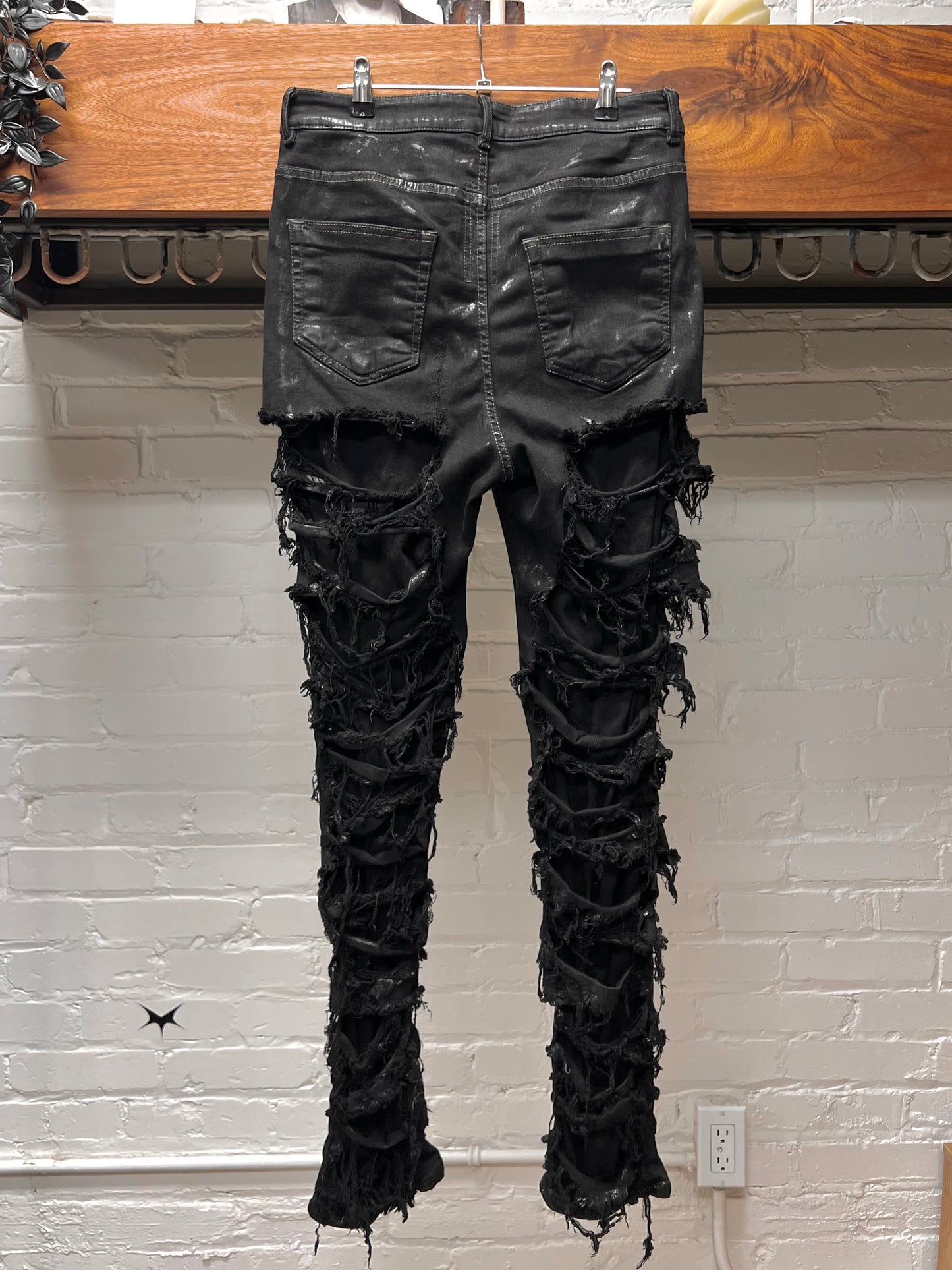 Rick Owens DRKSHDW ‘Detroit Cut’ Waxed Black Slashed Distressed Denim