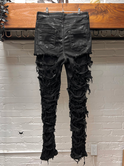 Rick Owens DRKSHDW ‘Detroit Cut’ Waxed Black Slashed Distressed Denim