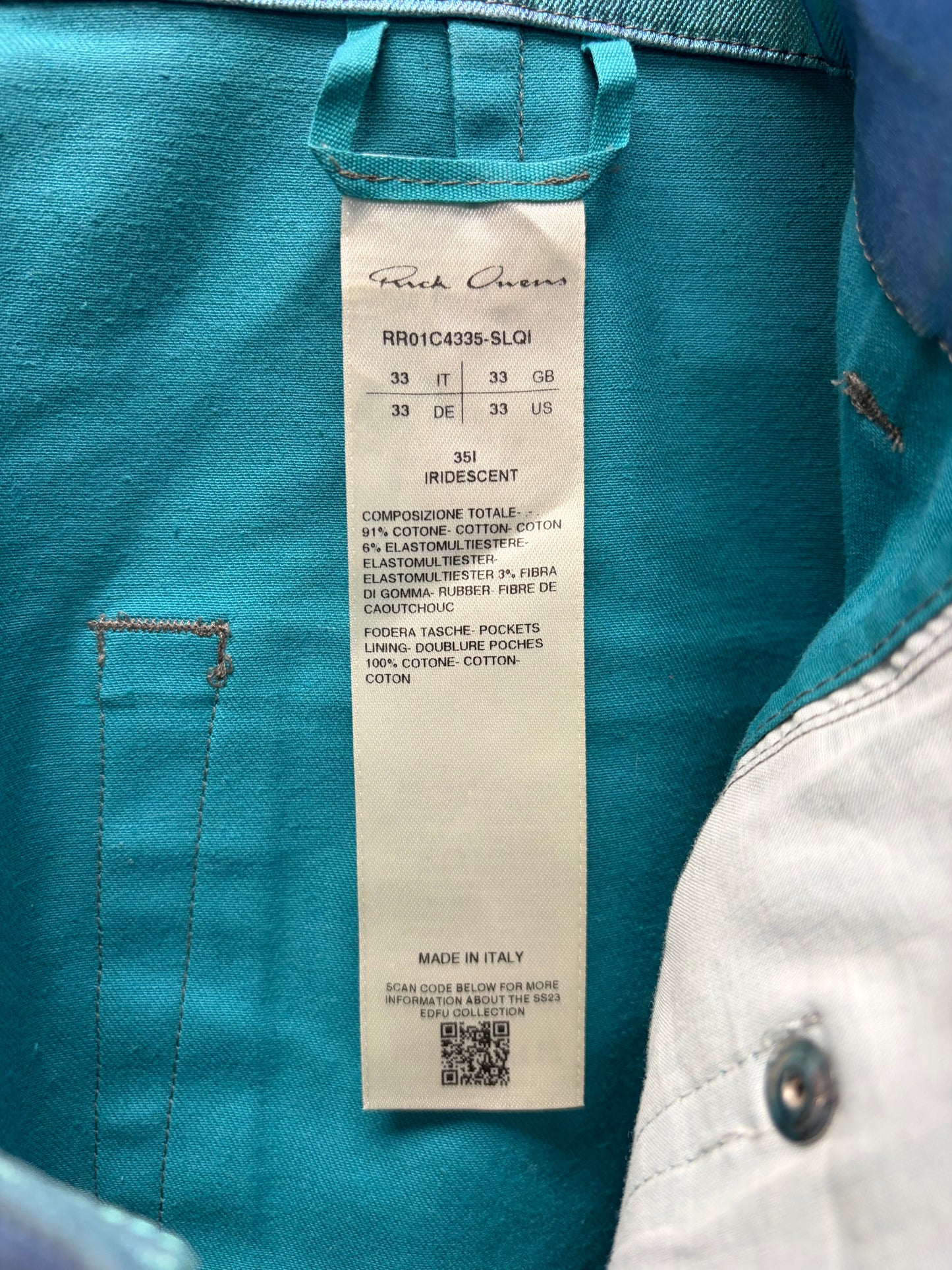 SS2023 Rick Owens ‘Edfu’ Iridescent Blue ‘Bolans’ Flared Leg Pants