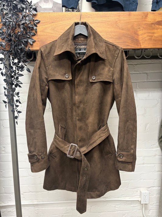 Tornado Mart Brown ‘Belted’ Suede Mid Length Collared Jacket