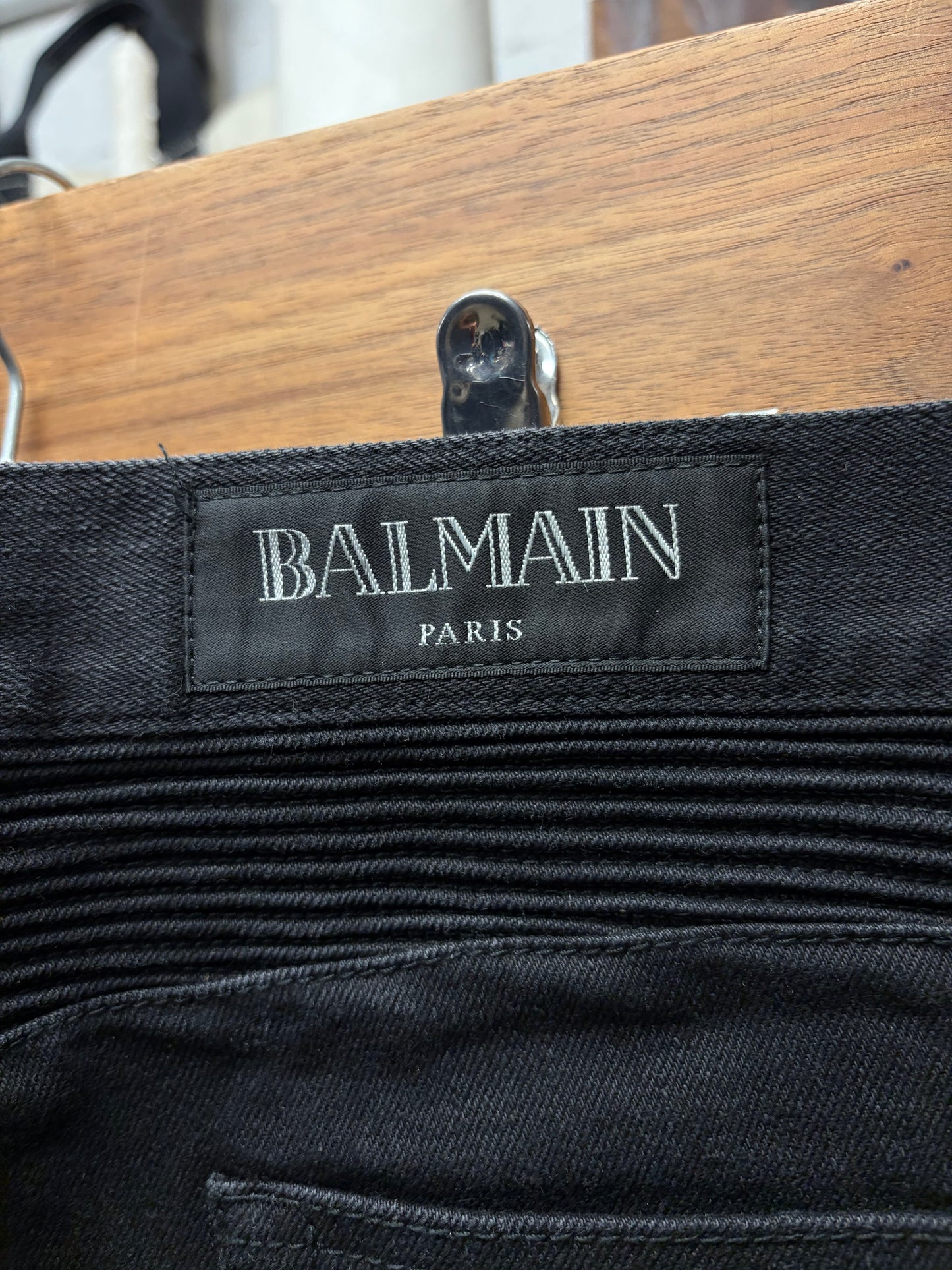 Balmain Waxed Black Biker Knee Skinny Jeans