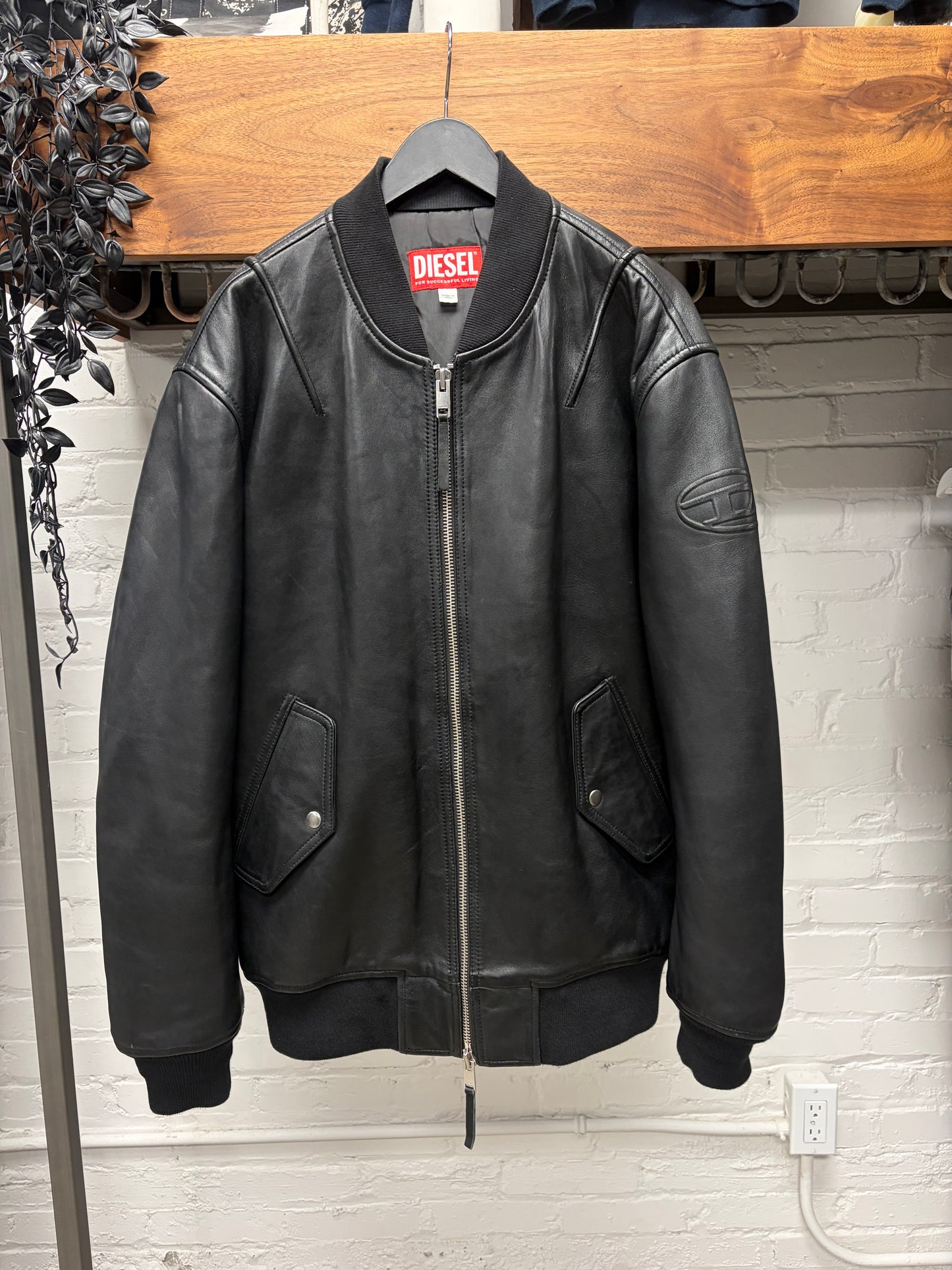 Diesel ‘L-Pritts’ Black Lambskin Leather Bomber Jacket