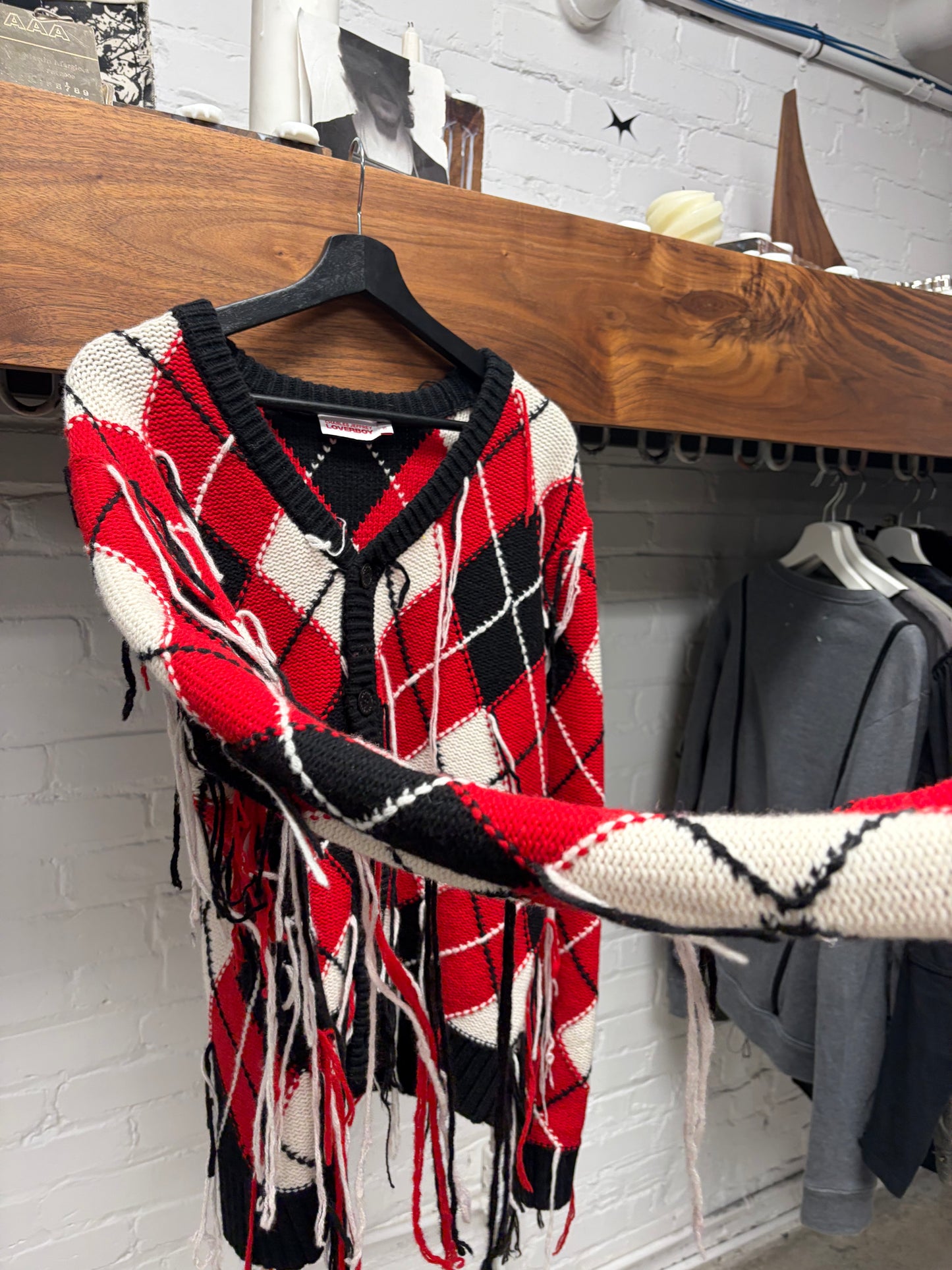 Charles Jeffery Loverboy ‘Guddle’ Argyle Knit Fringe Cardigan