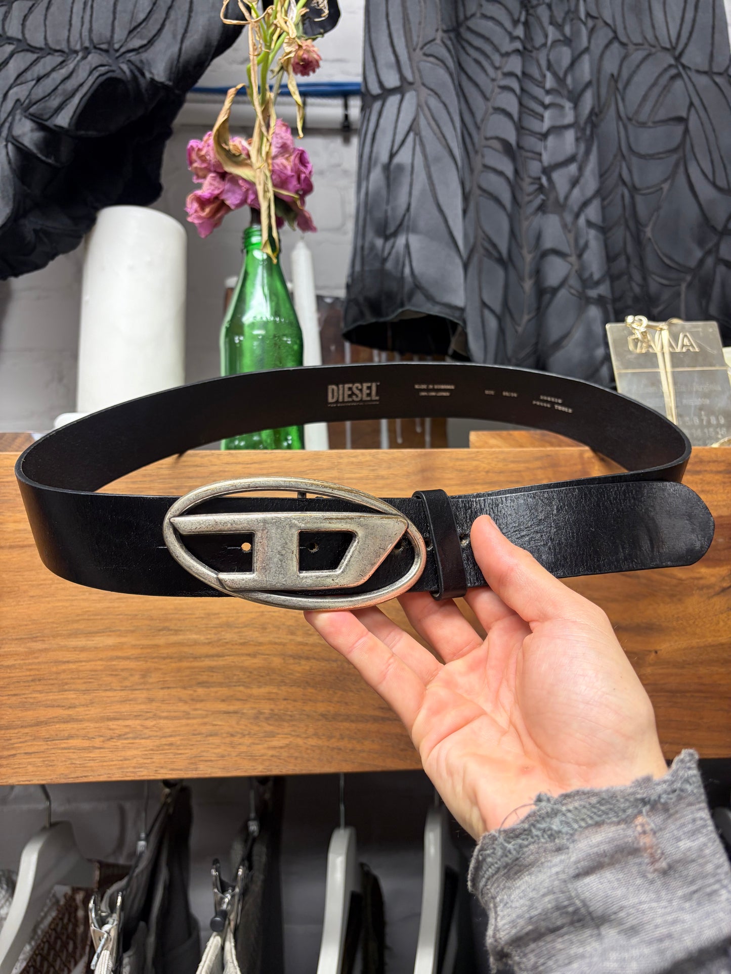 Diesel Black Leather/Silver Tone ‘D-Buckle’ Belt