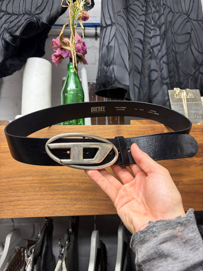 Diesel Black Leather/Silver Tone ‘D-Buckle’ Belt