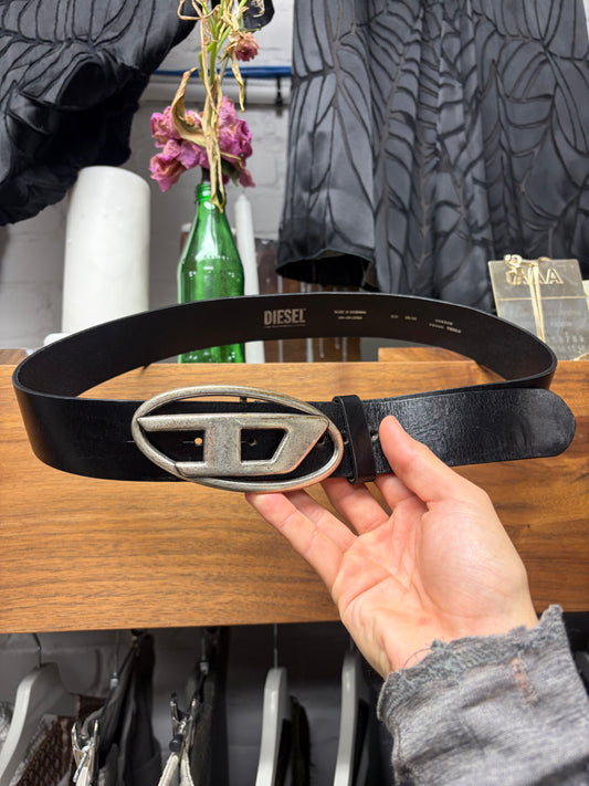 Diesel Black Leather/Silver Tone ‘D-Buckle’ Belt