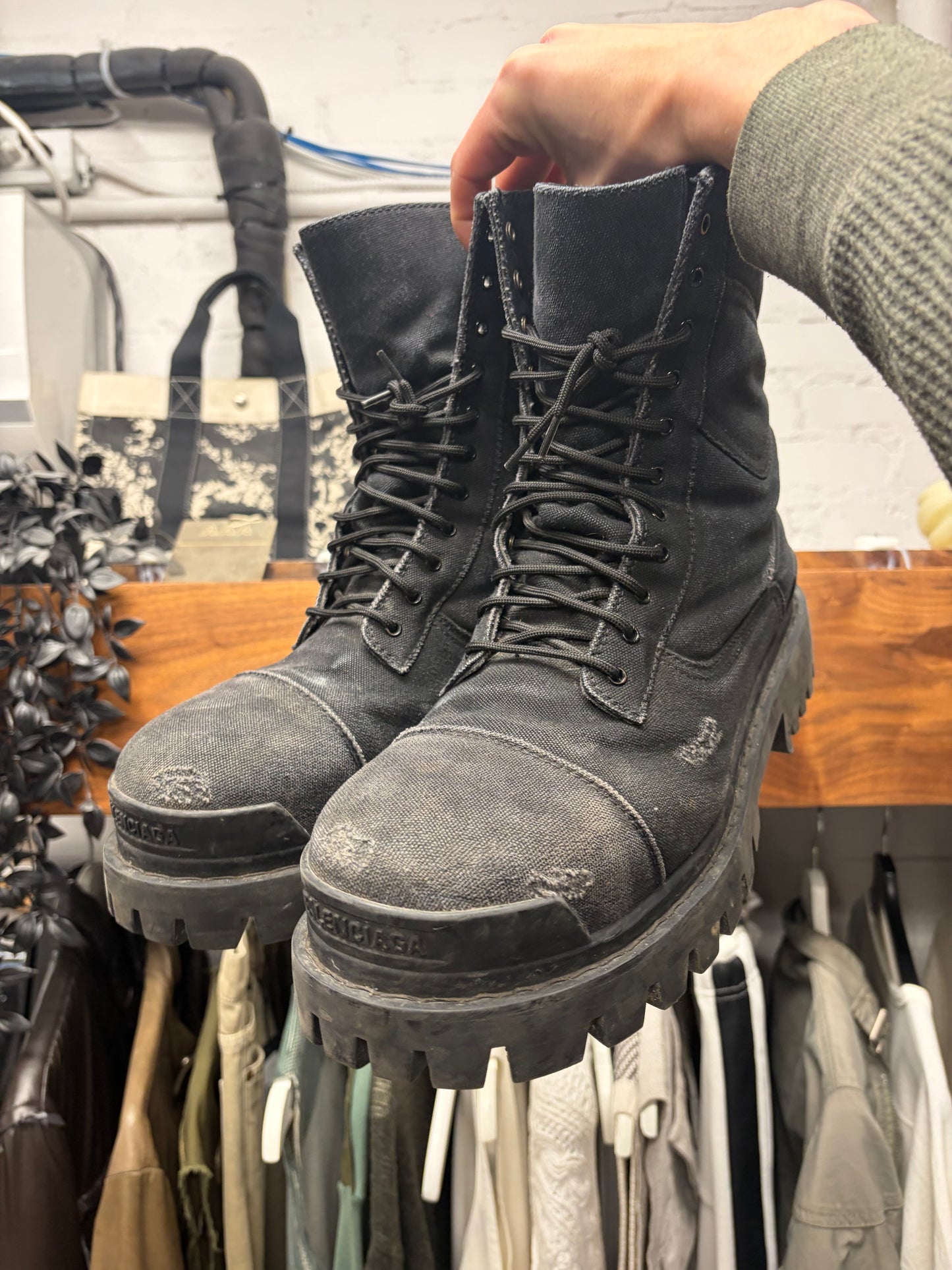 Balenciaga Distressed Canvas ‘Strike’ Black Combat Boots