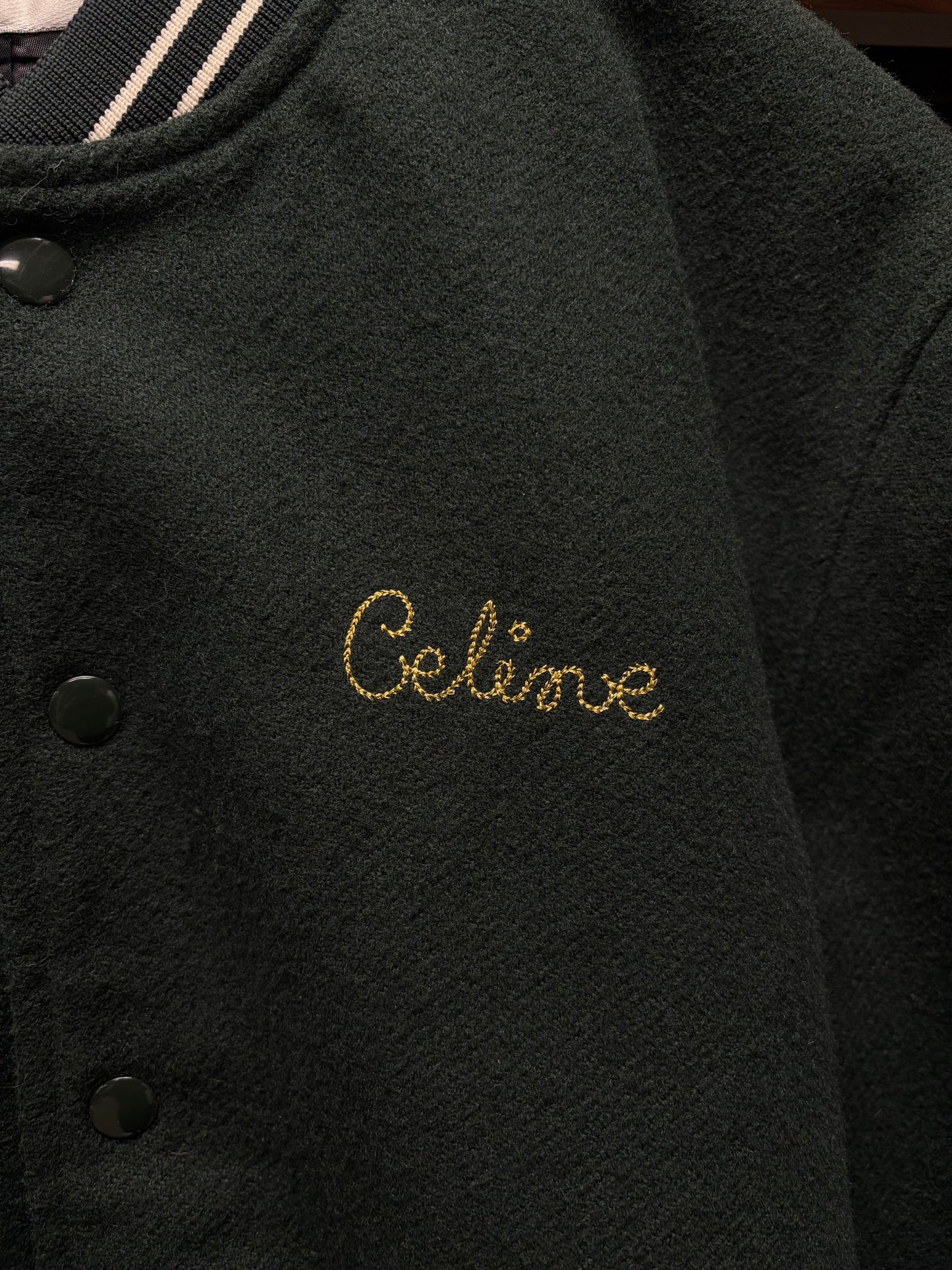 Celine Chain Stitched ‘Cursive Logo’ Forest Green Wool Varsity Jacket