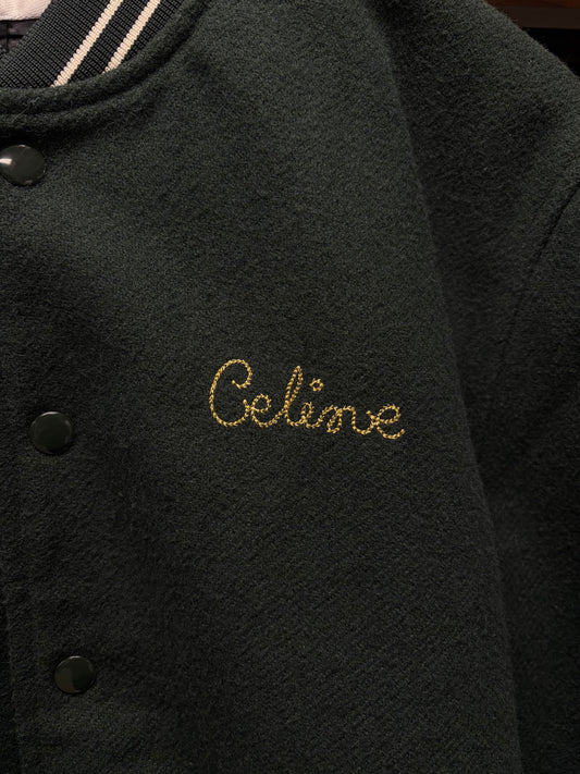 Celine Chain Stitched ‘Cursive Logo’ Forest Green Wool Varsity Jacket