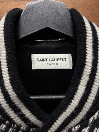 AW2018 Saint Laurent Houndstooth Black/White ‘Teddy’ Varsity Jacket with Leather Accents