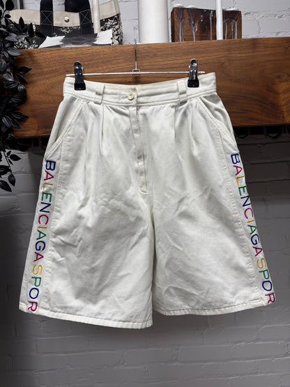 Vintage 90s Balenciaga Pleated White Logo Shorts
