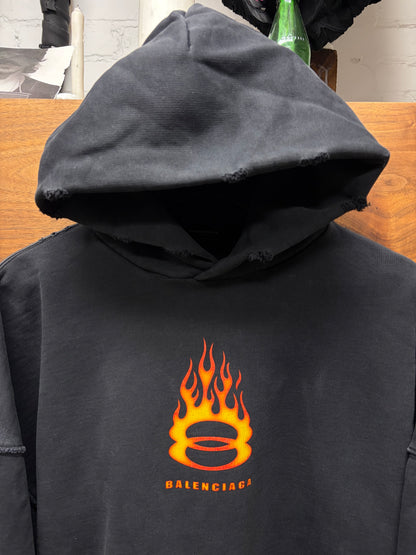 SS2024 Balenciaga ‘Unity Flame’ Distressed Black Pullover Hoodie
