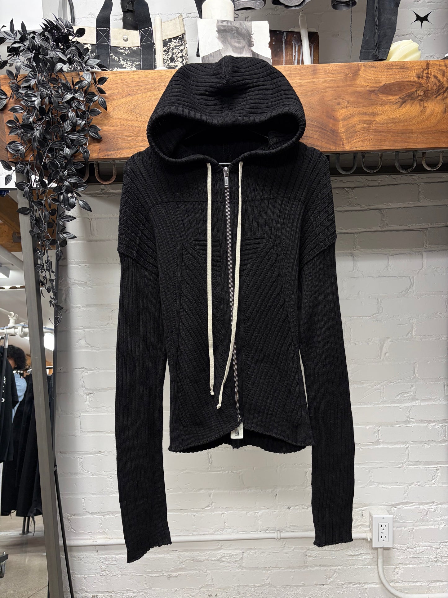 SS2025 Rick Owens ‘Hollywood’ Black Cotton ‘Megarib’ Zip-Up Hoodie