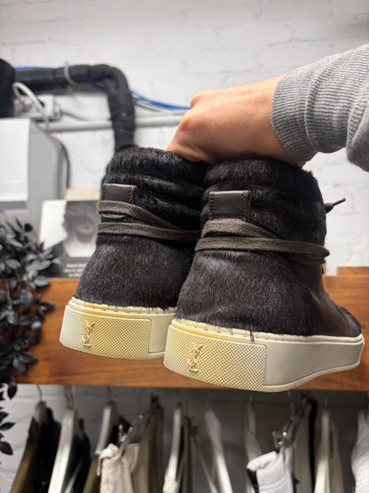2000s Saint Laurent Pony Hair/Brown Leather YSL Court High Top Sneakers