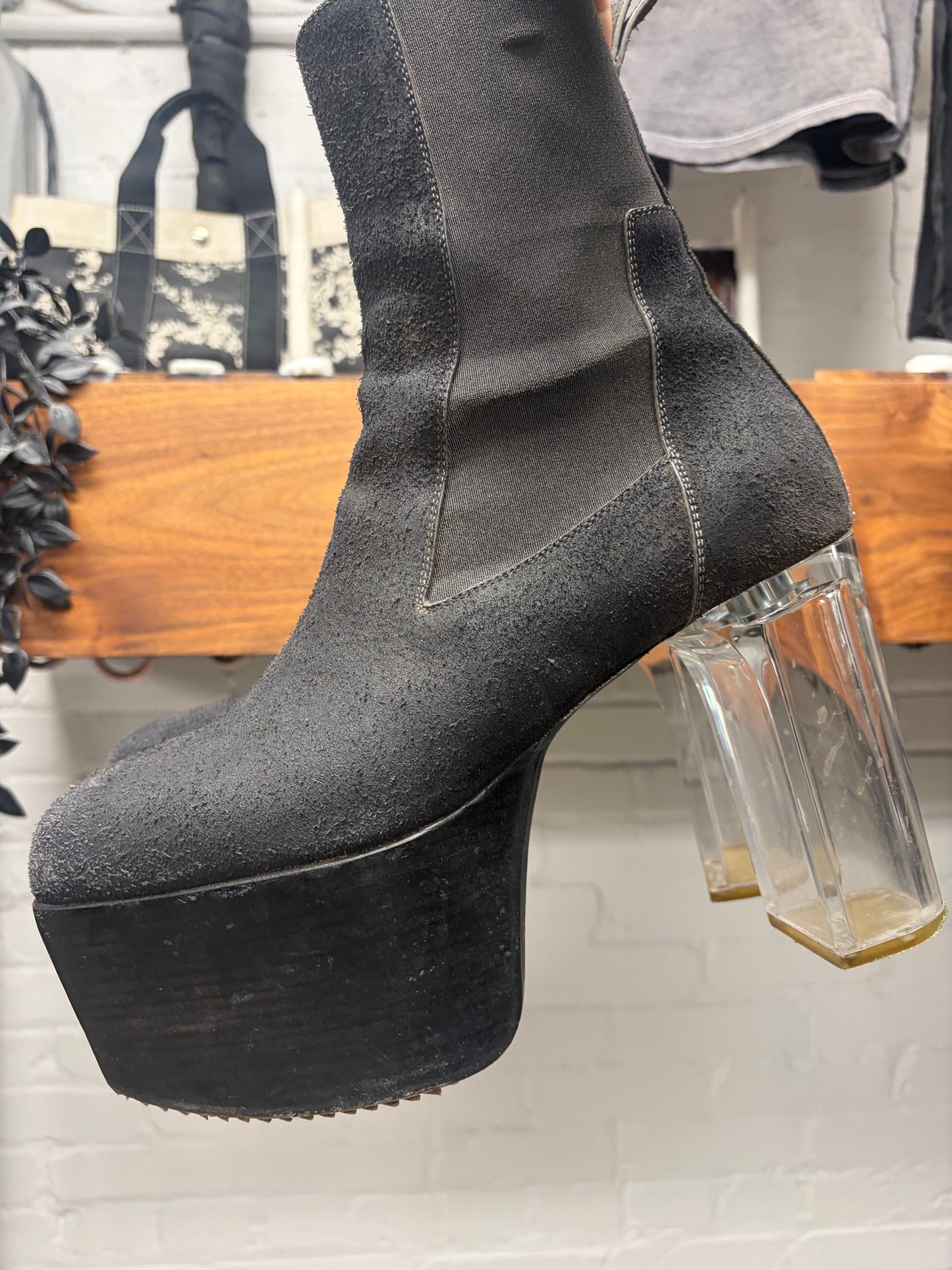 Rick Owens Black Suede ‘Kiss Heel’ Platform Boots