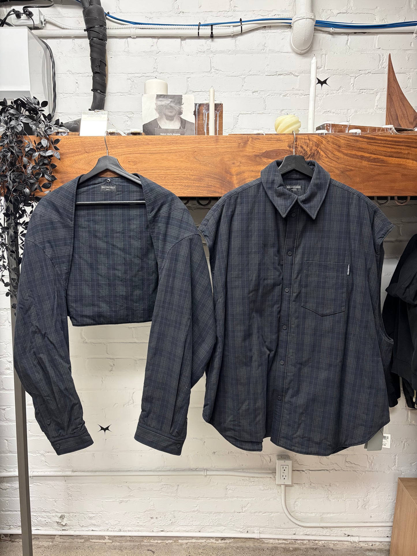 2023 Balenciaga Oversized ‘Detachable Sleeve’ Plaid Padded Flannel Shirt