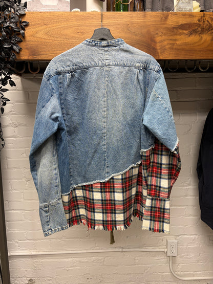 Greg Lauren Reconstructed Denim/Flannel Hybrid Bomber Jacket with Thermal Liner