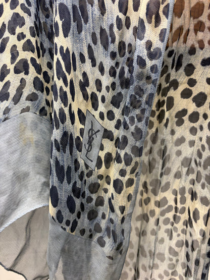 Vintage 90s Yves Saint Laurent ‘Babycat’ Blue Leopard Print Silk Scarf