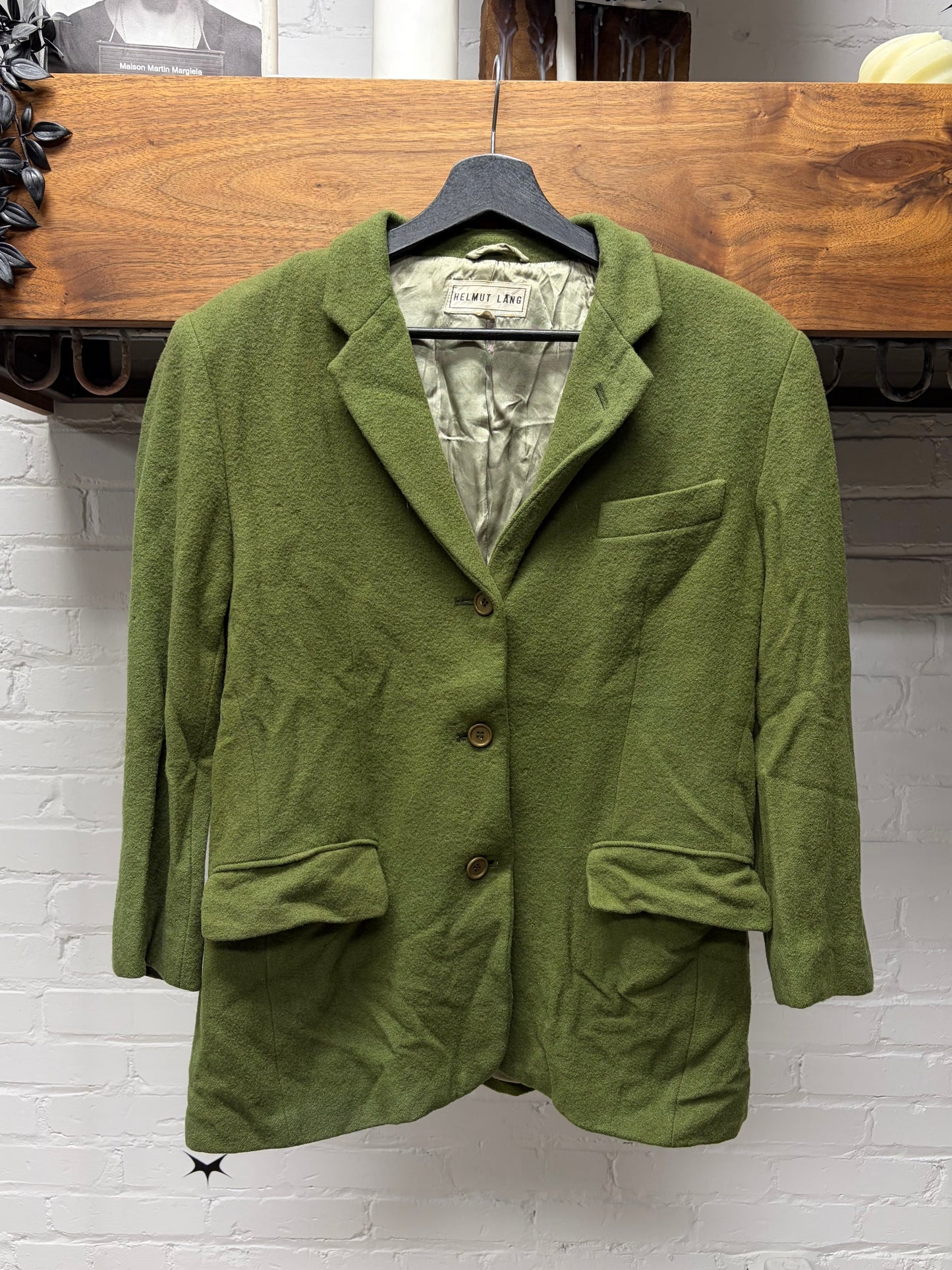 Vintage 1980s Helmut Lang Green Single Breasted Cropped Wool Blazer