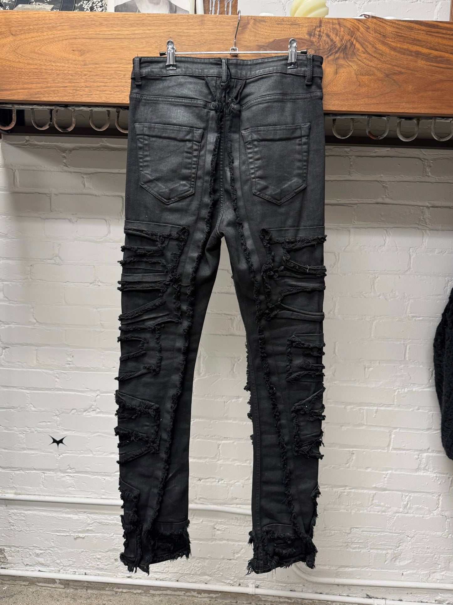 AW2021 Rick Owens ‘Detroit Cut’ Waxed Black Thrash Distressed Denim