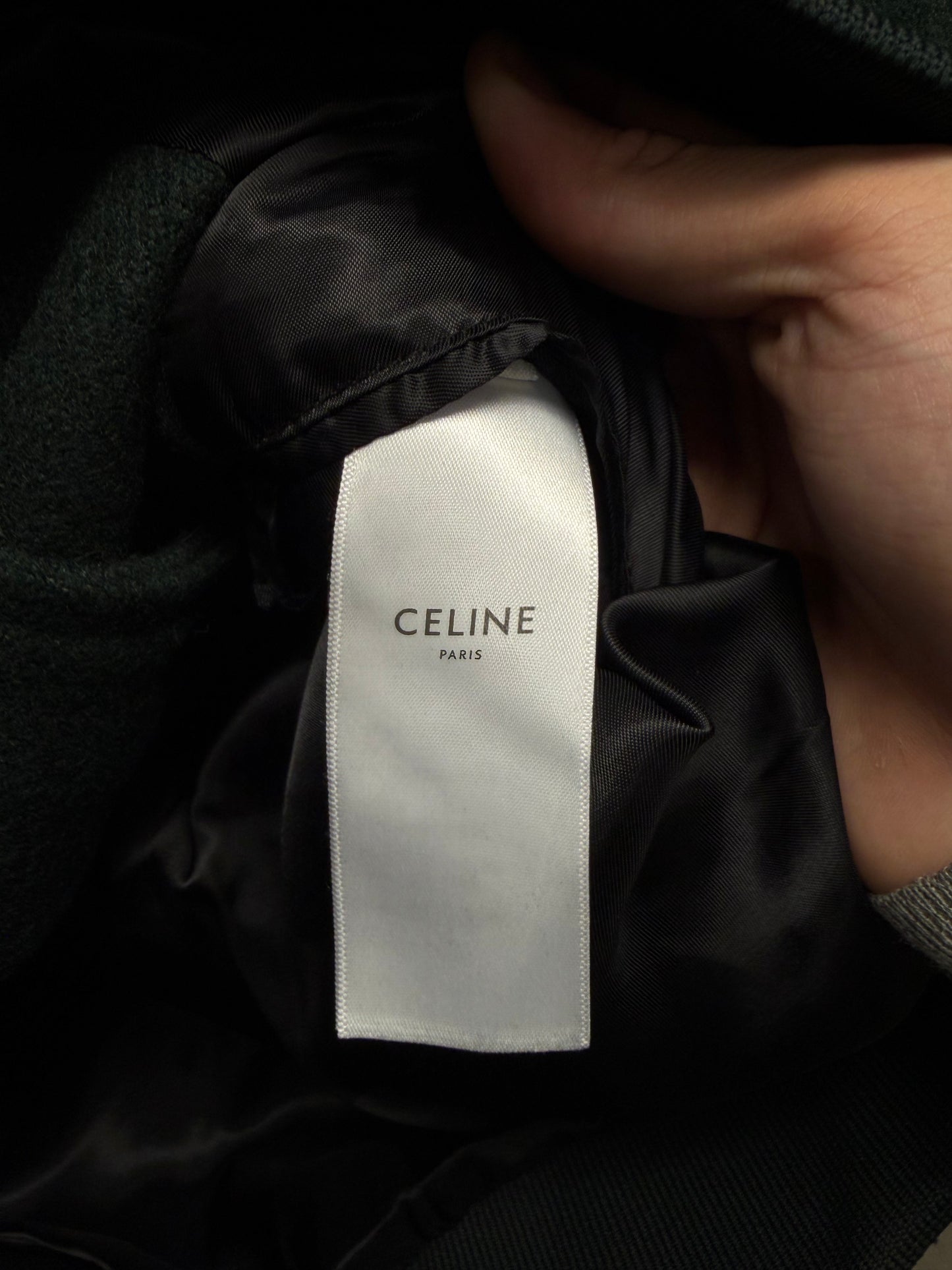 Celine Chain Stitched ‘Cursive Logo’ Forest Green Wool Varsity Jacket