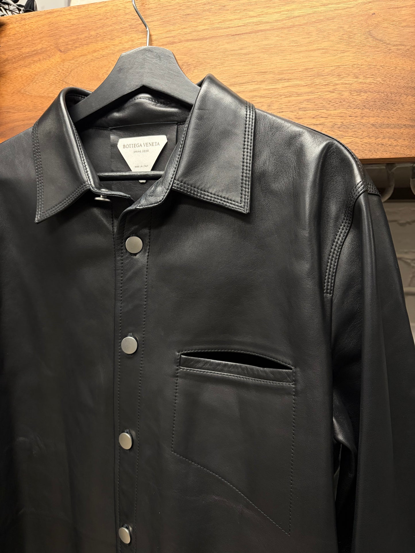 SS2020 Bottega Veneta ‘Polished Button’ Black Leather Oversized Work-Shirt