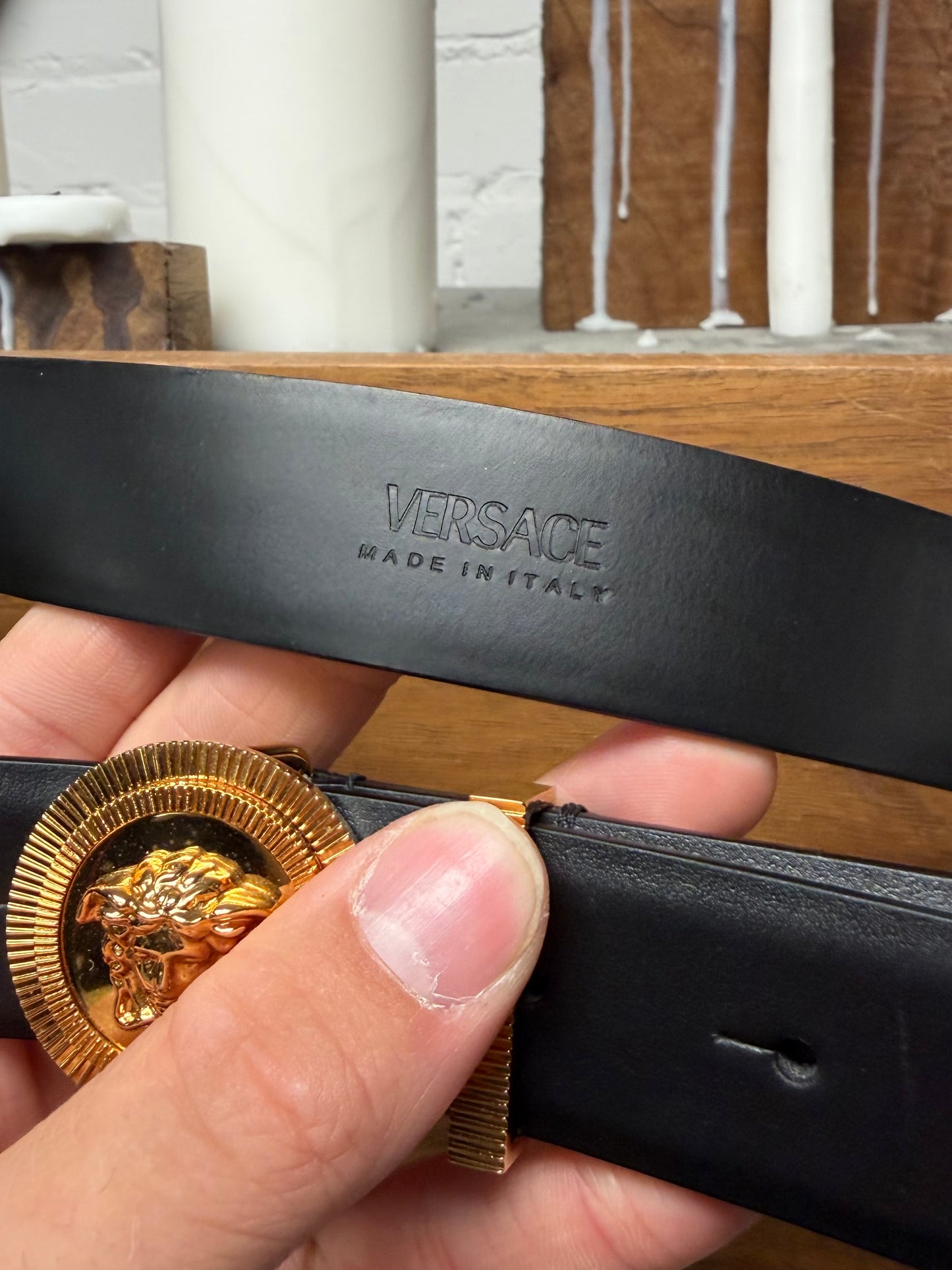 Versace Gold Medusa Head Circle Logo Black Leather Belt