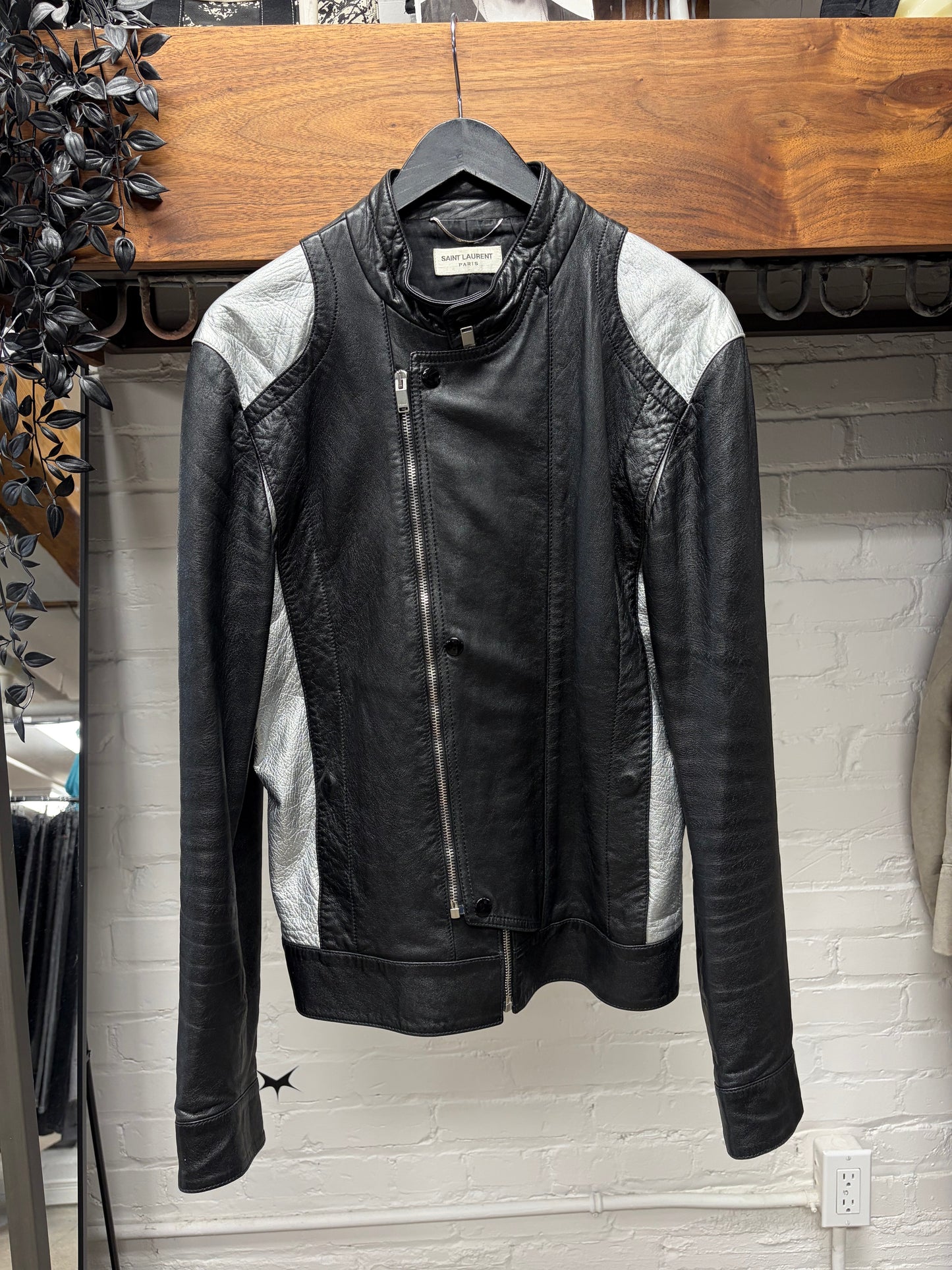 2015 Saint Laurent by Hedi Slimane Black/Silver Leather ‘Cafe Racer’ Moto Jacket