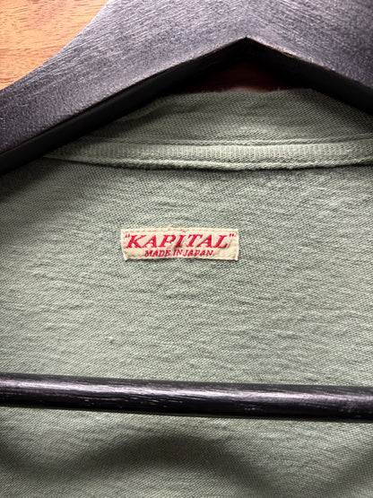 Kapital ‘Muted Green’ V-Neck Cotton Long Sleeve Pocket T-Shirt