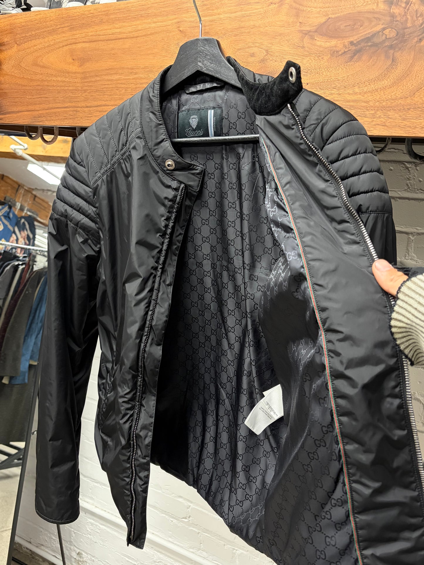 Mid 2000s Gucci by Frida Giannini GG Monogram Lined Black Nylon Moto-Jacket