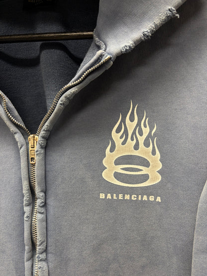 SS2024 Balenciaga ‘Unity Flame’ Blue Zip Up Distressed Cotton Hoodie