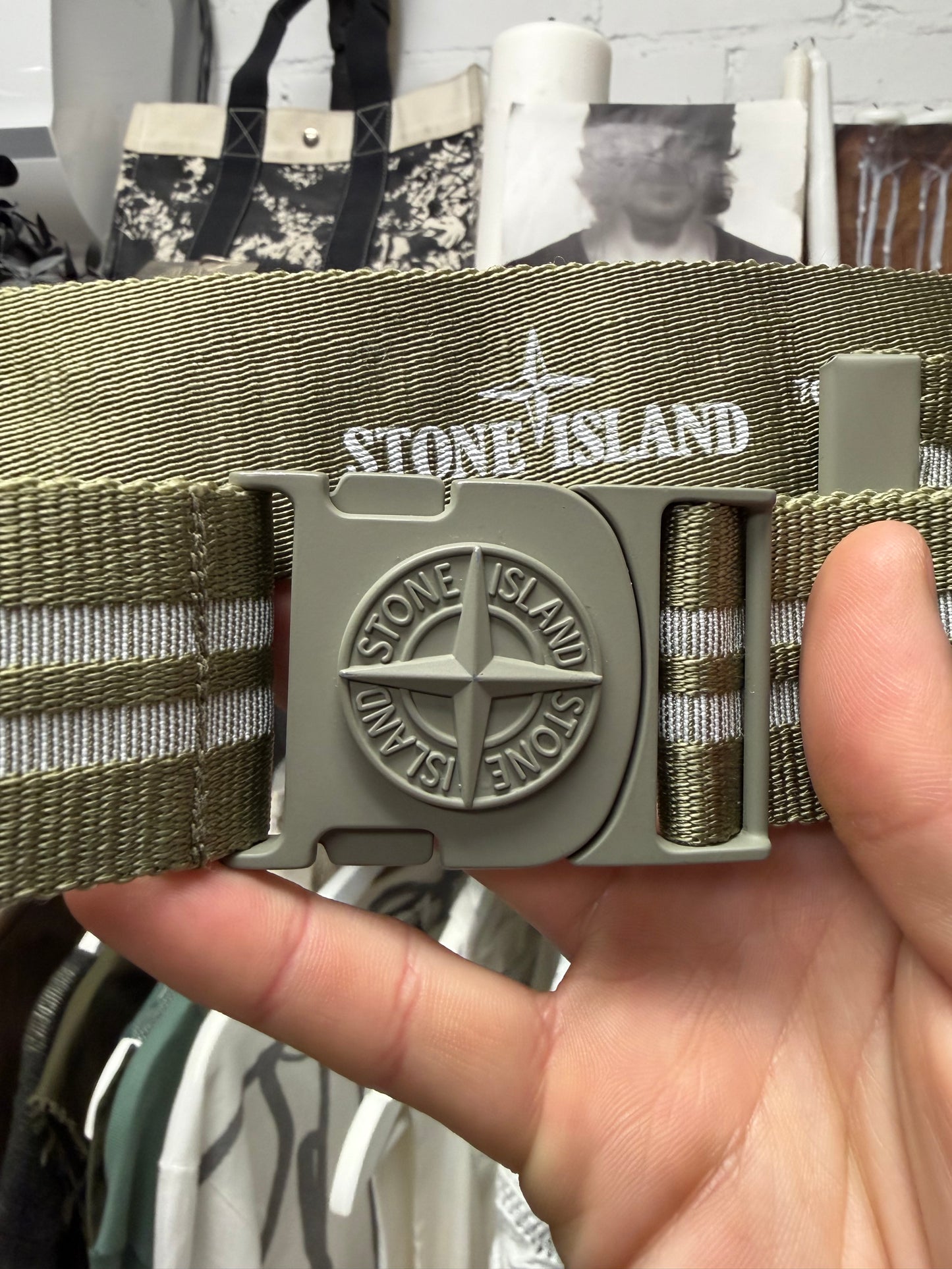 Stone Island Green Canvas ‘Compass’ Buckle Belt