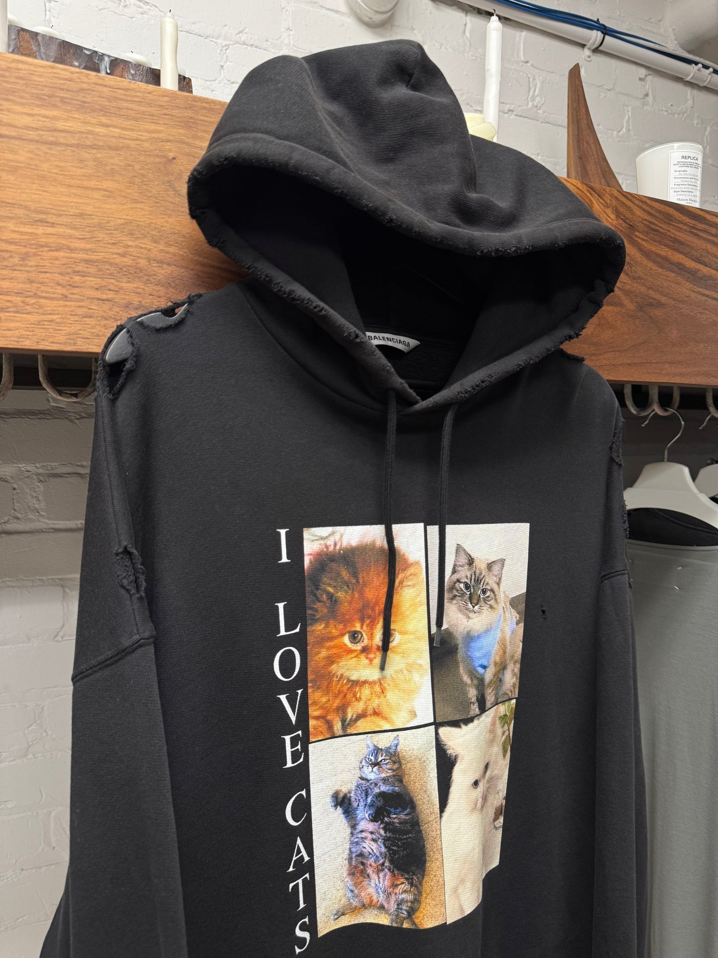 2020 Balenciaga ‘I Love Cats’ Distressed Black Pullover Hoodie