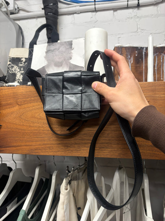 Bottega Veneta Black Leather ‘Mini Cassette’ Intrecciato Woven Bag