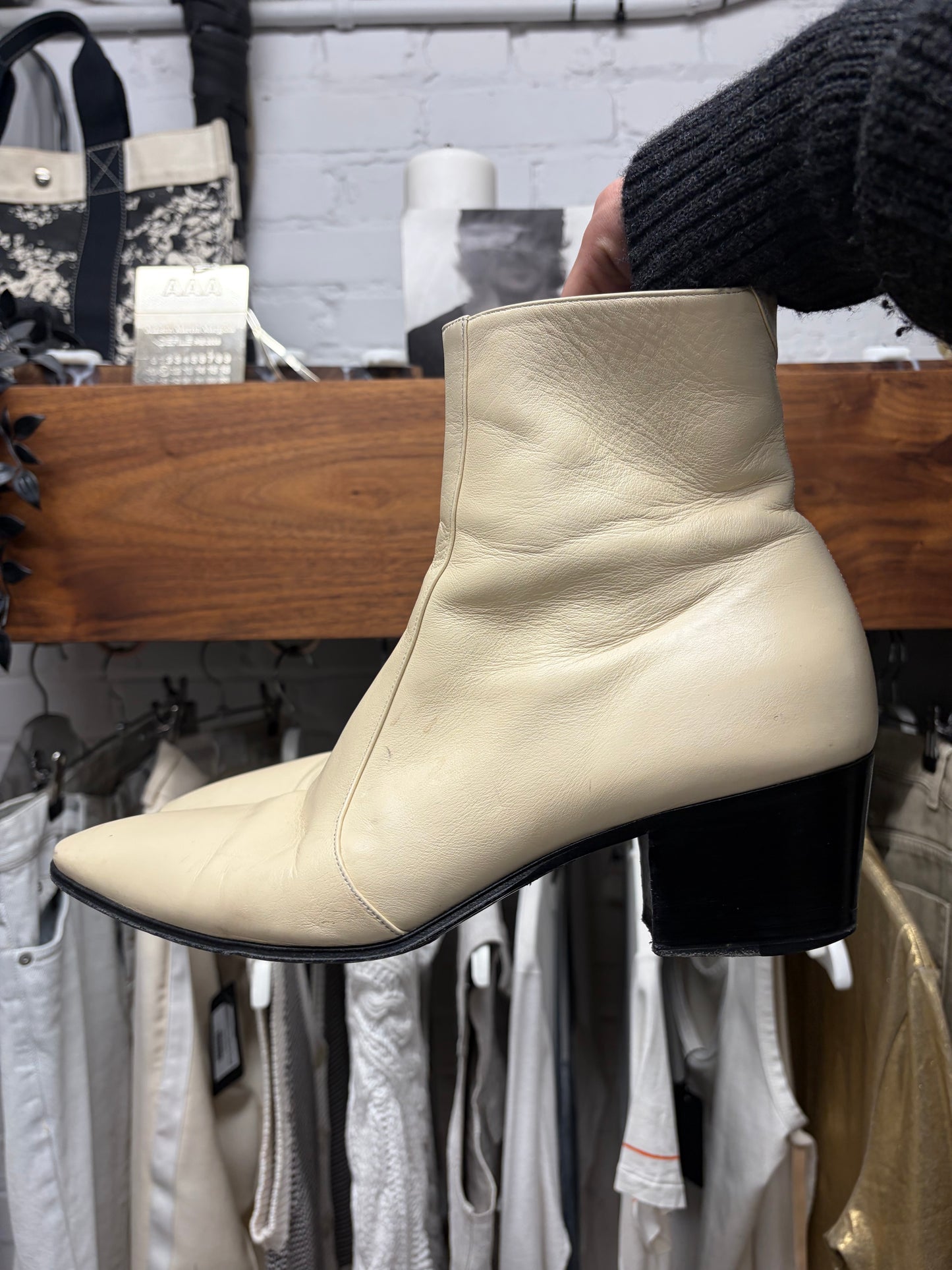 Saint Laurent ‘Vassili’ Pointed Toe White Leather Boots