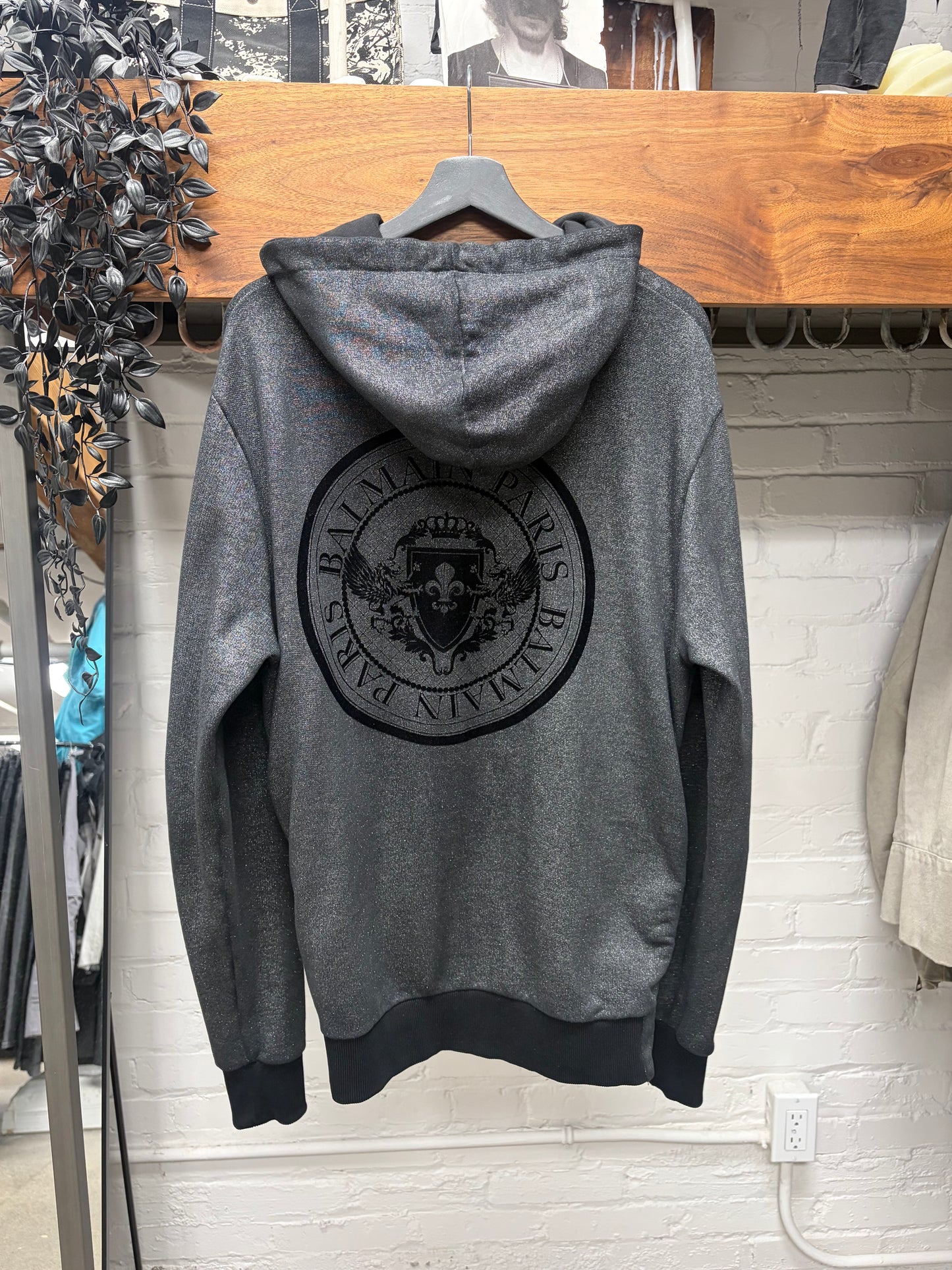 2010s Balmain Glitter Effect Grey Side-Zip Logo Hoodie