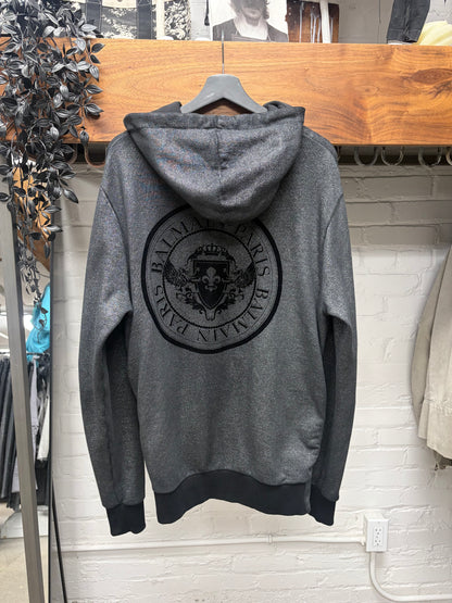 2010s Balmain Glitter Effect Grey Side-Zip Logo Hoodie