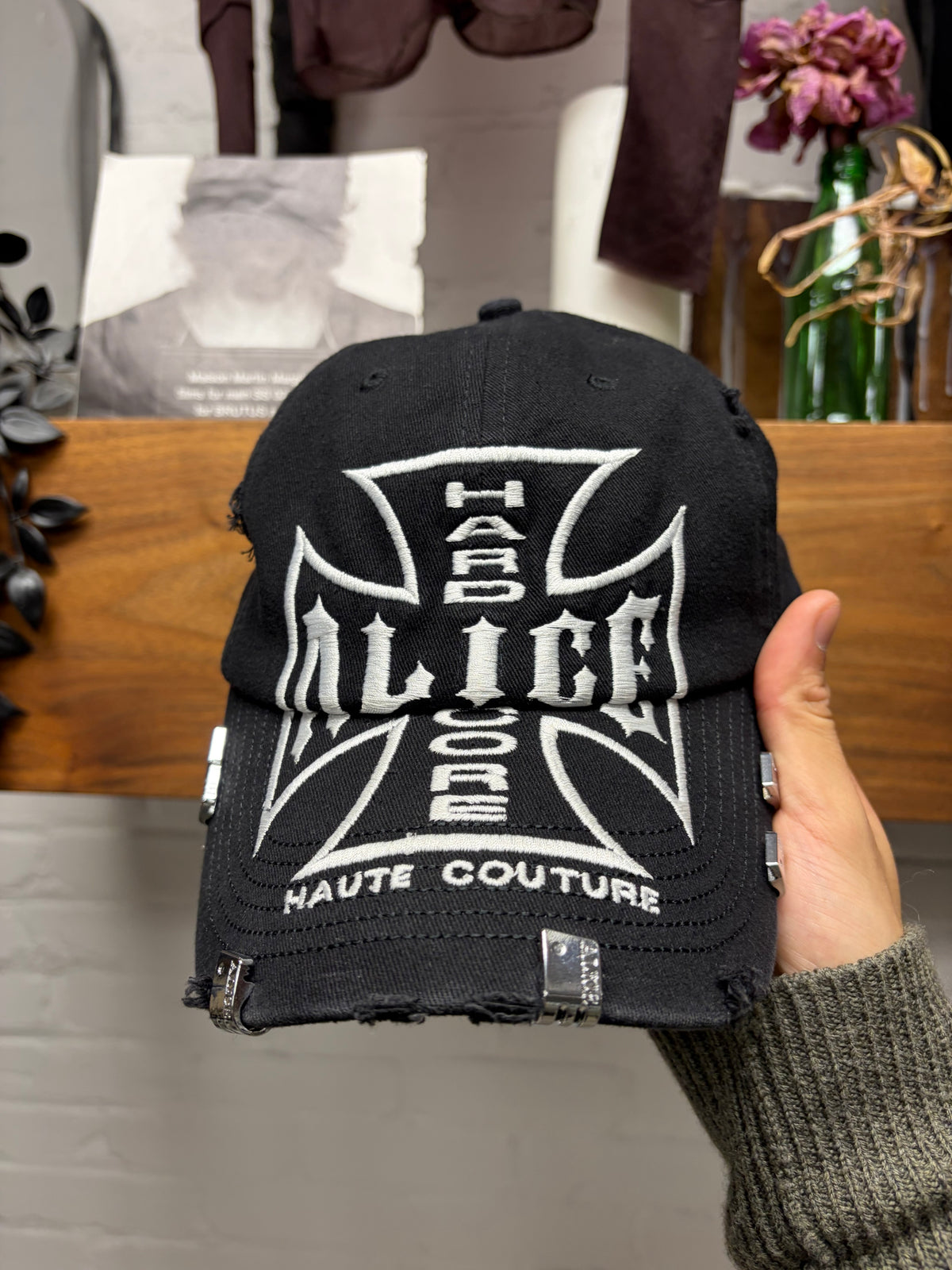 Alice Hollywood ‘Piercing’ Black/White Cross Embroidered Strapback Baseball Hat