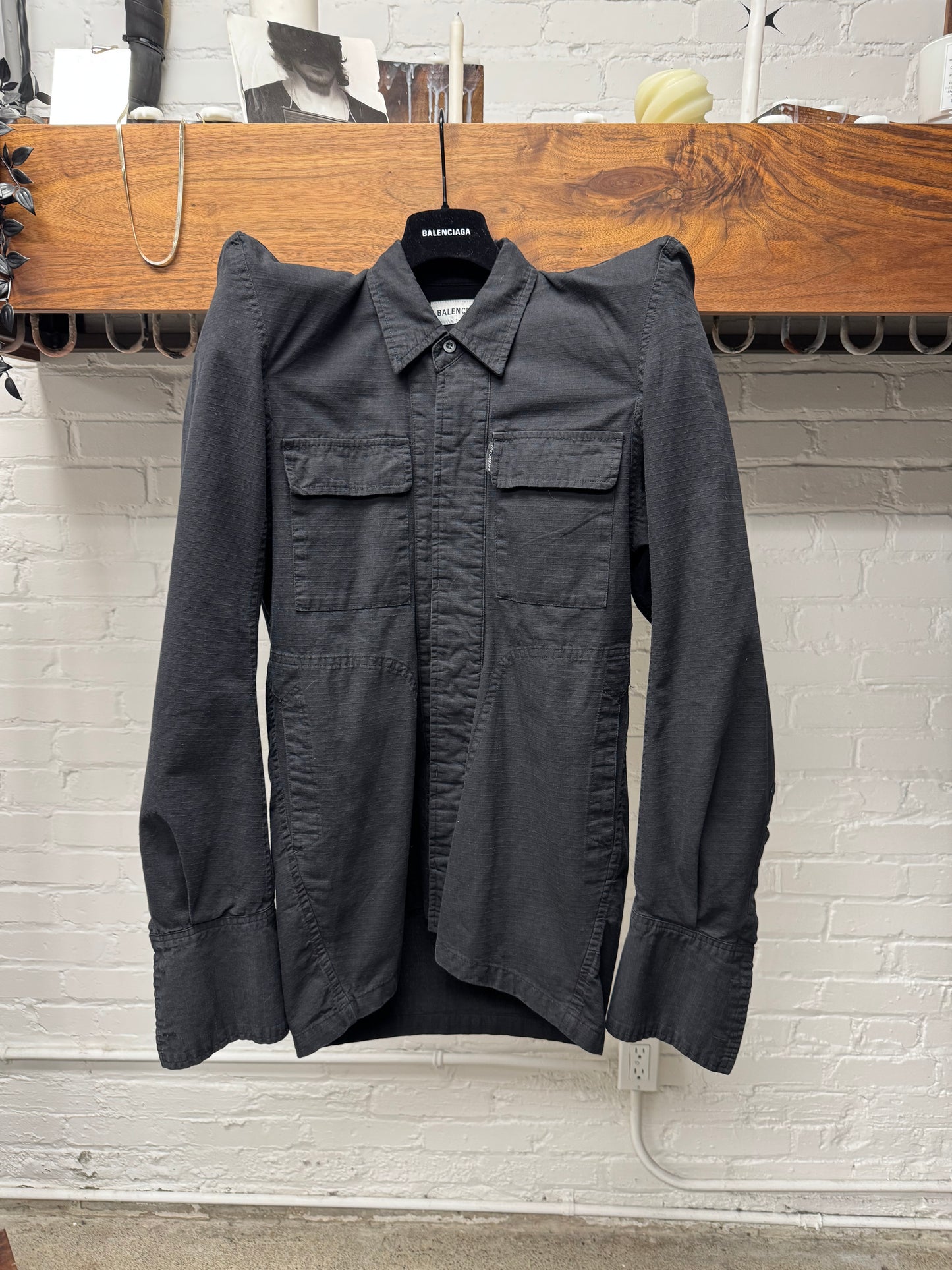 AW2020 Balenciaga Black Ripstop ‘Pagoda’ Padded Shoulder Denim Jacket.