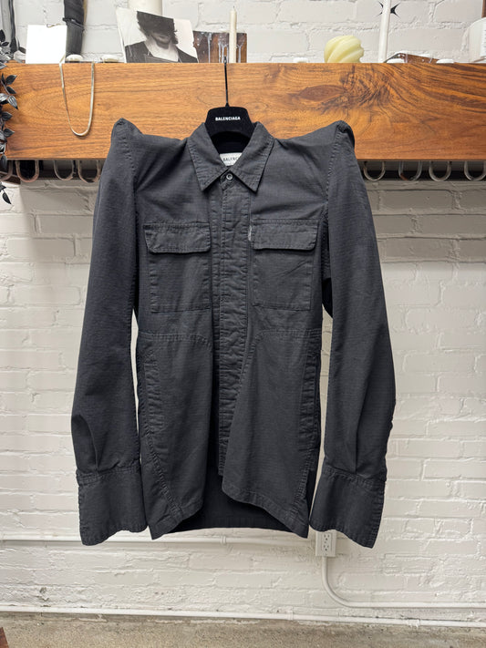 AW2020 Balenciaga Black Ripstop ‘Pagoda’ Padded Shoulder Denim Jacket.