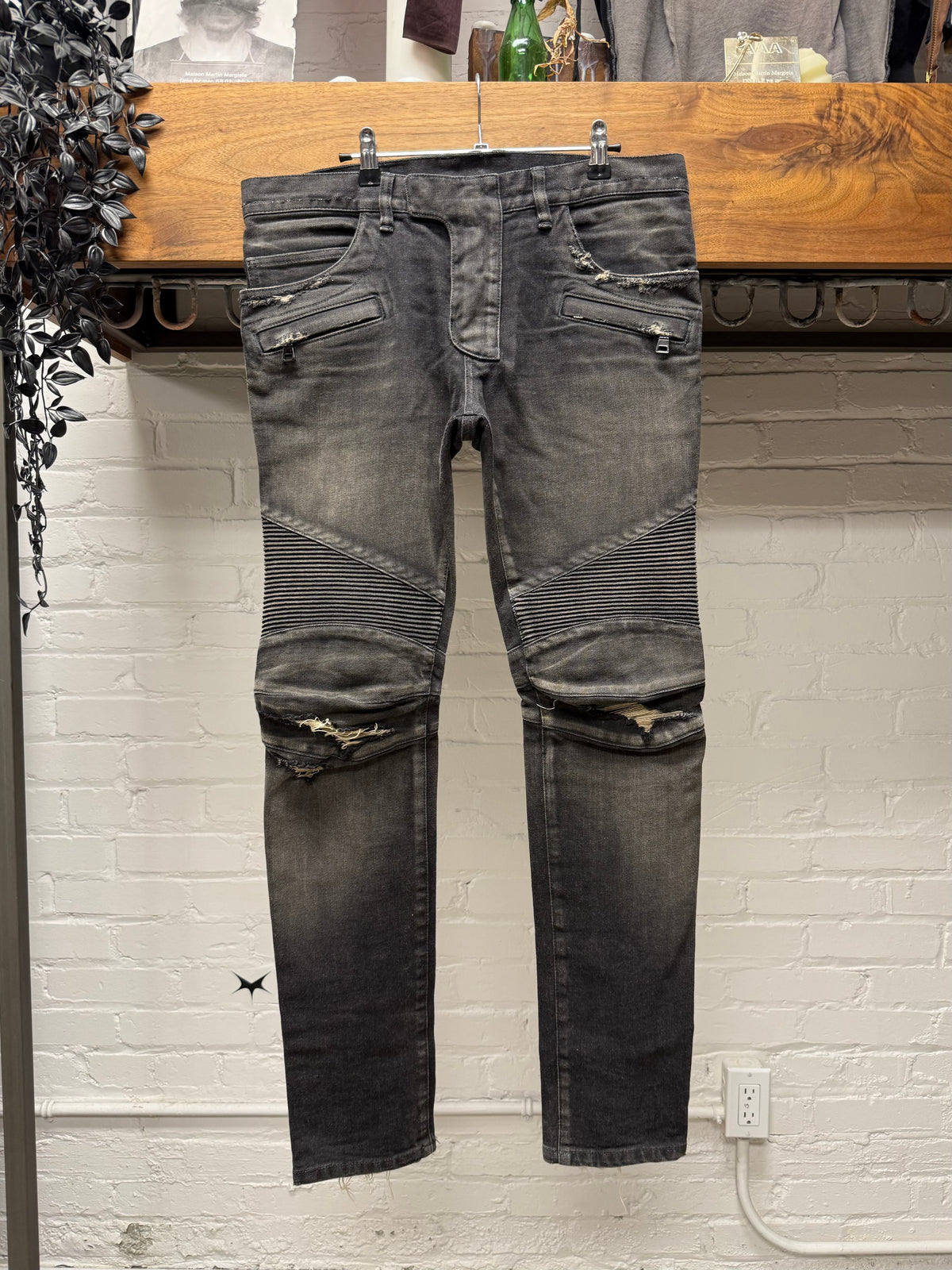 Balmain Distressed ‘Knee Blowout’ Grey Moto-Knee Skinny Biker Denim
