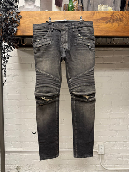 Balmain Distressed ‘Knee Blowout’ Grey Moto-Knee Skinny Biker Denim