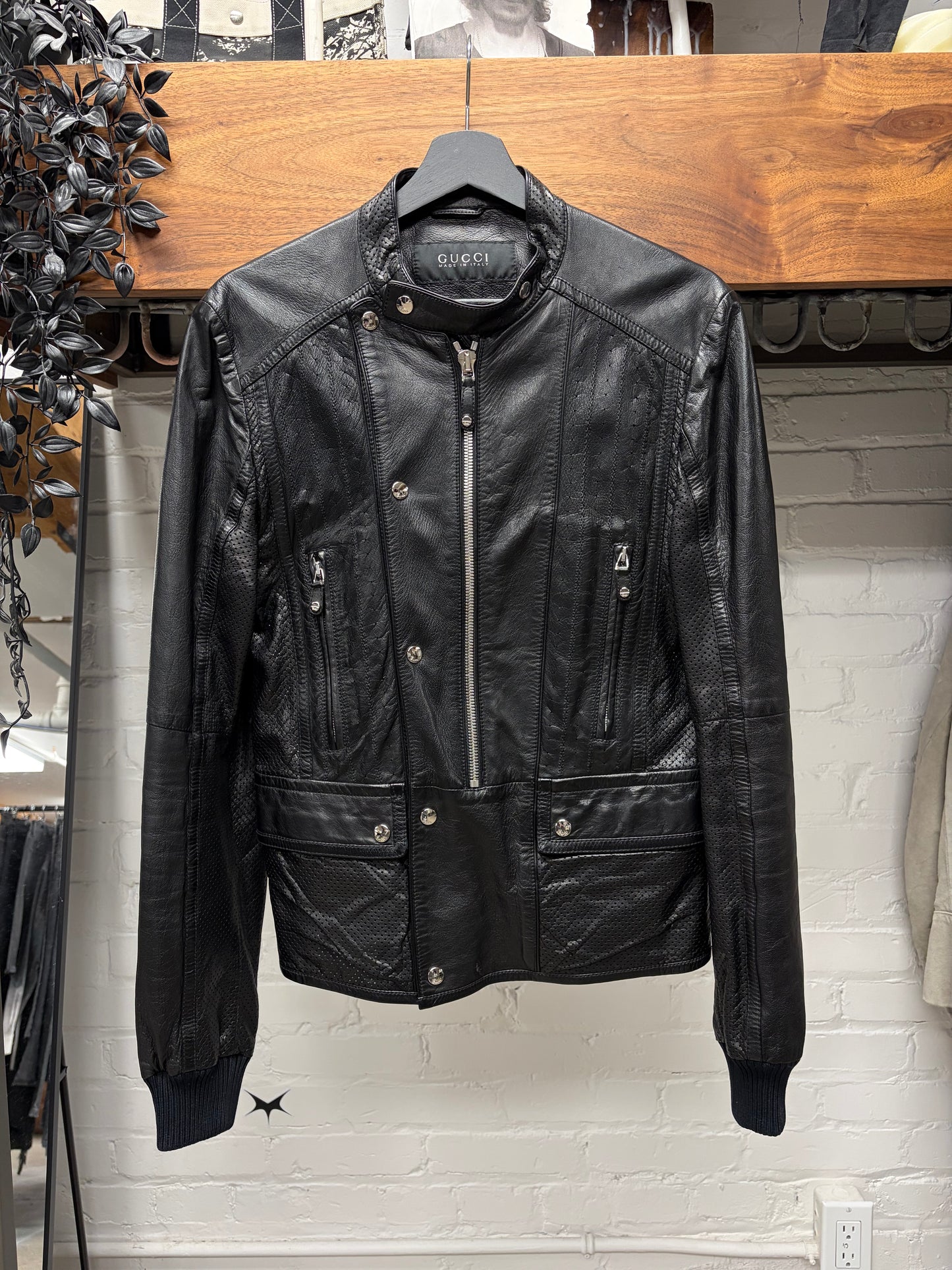 Mid 2000s Gucci by Frida Giannini Perforated Leather Biker Jacket
