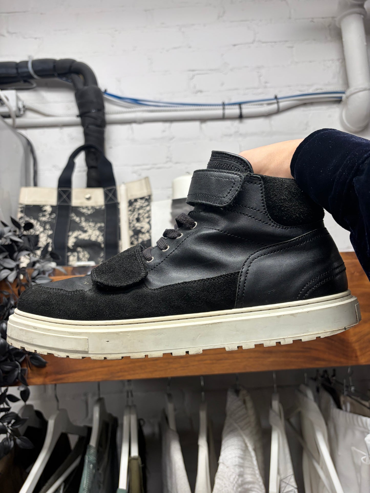 Kris Van Assche Black Suede Strapped Mid Top Sneakers