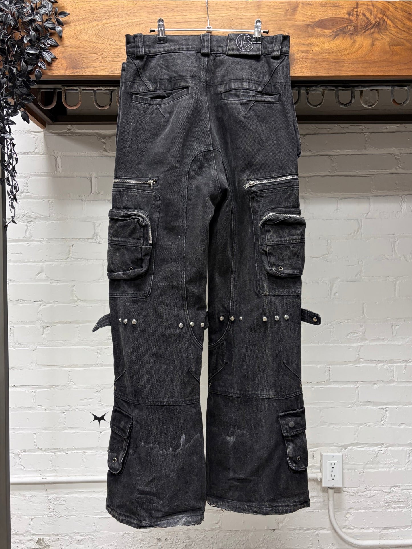 No Faith Studios Stone Wash Flare Pocket Black Cargo Denim