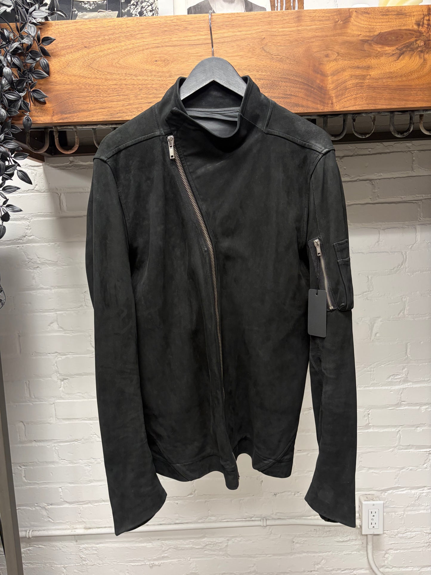 Rick Owens Mollino Zip Blistered Suede Black High Neck Leather Jacket