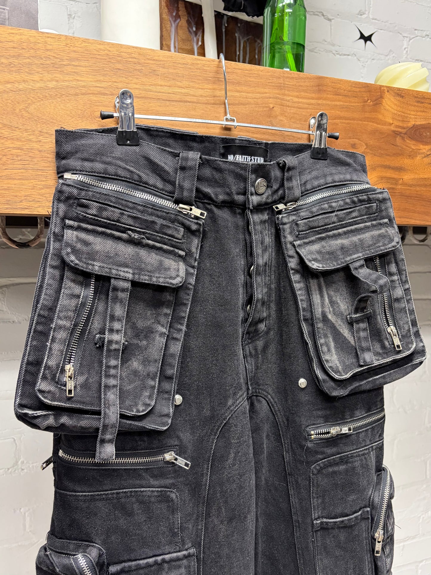 No Faith Studios Stone Wash Flare Pocket Black Cargo Denim