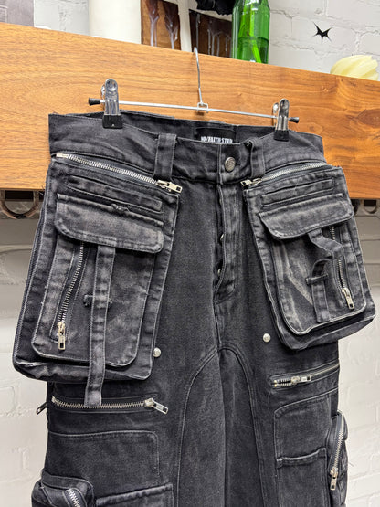 No Faith Studios Stone Wash Flare Pocket Black Cargo Denim